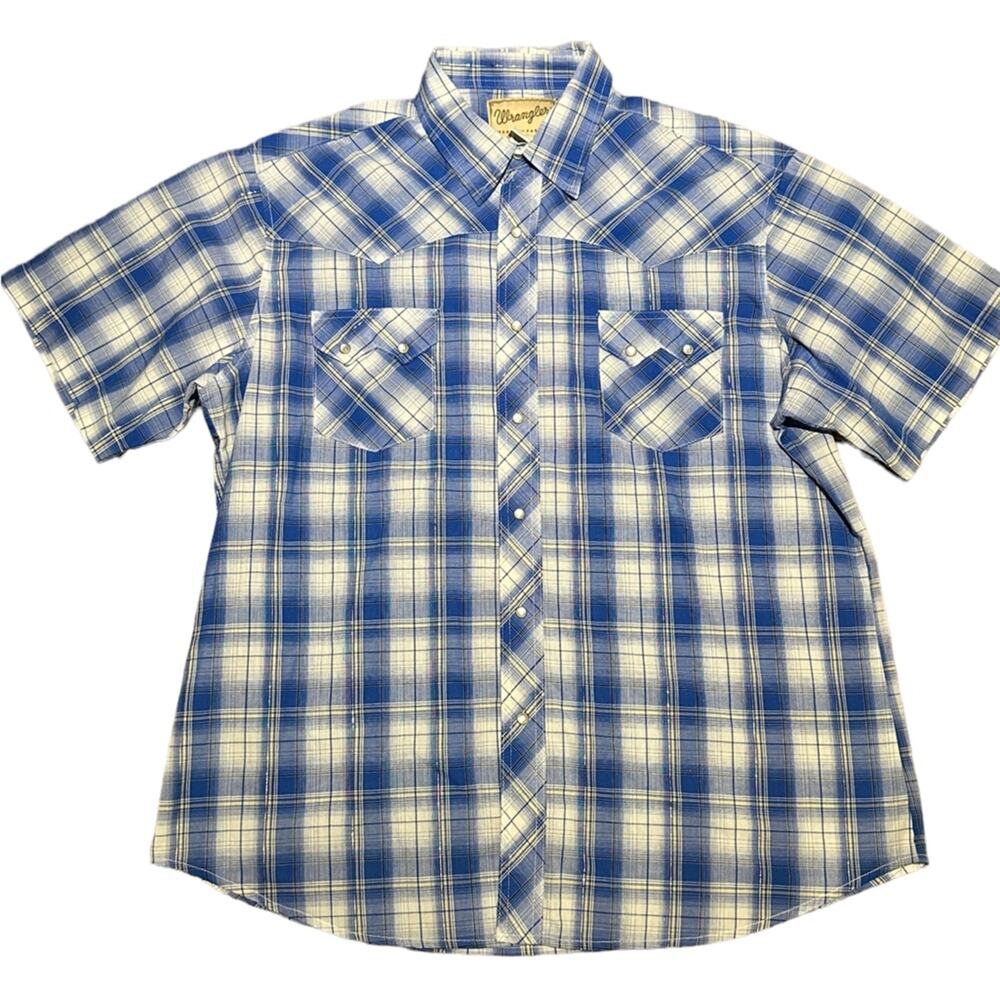 Wrangler Mens XL Short Sleeve Pearl Snap Western Shirt Blue Plaid Silver Threads